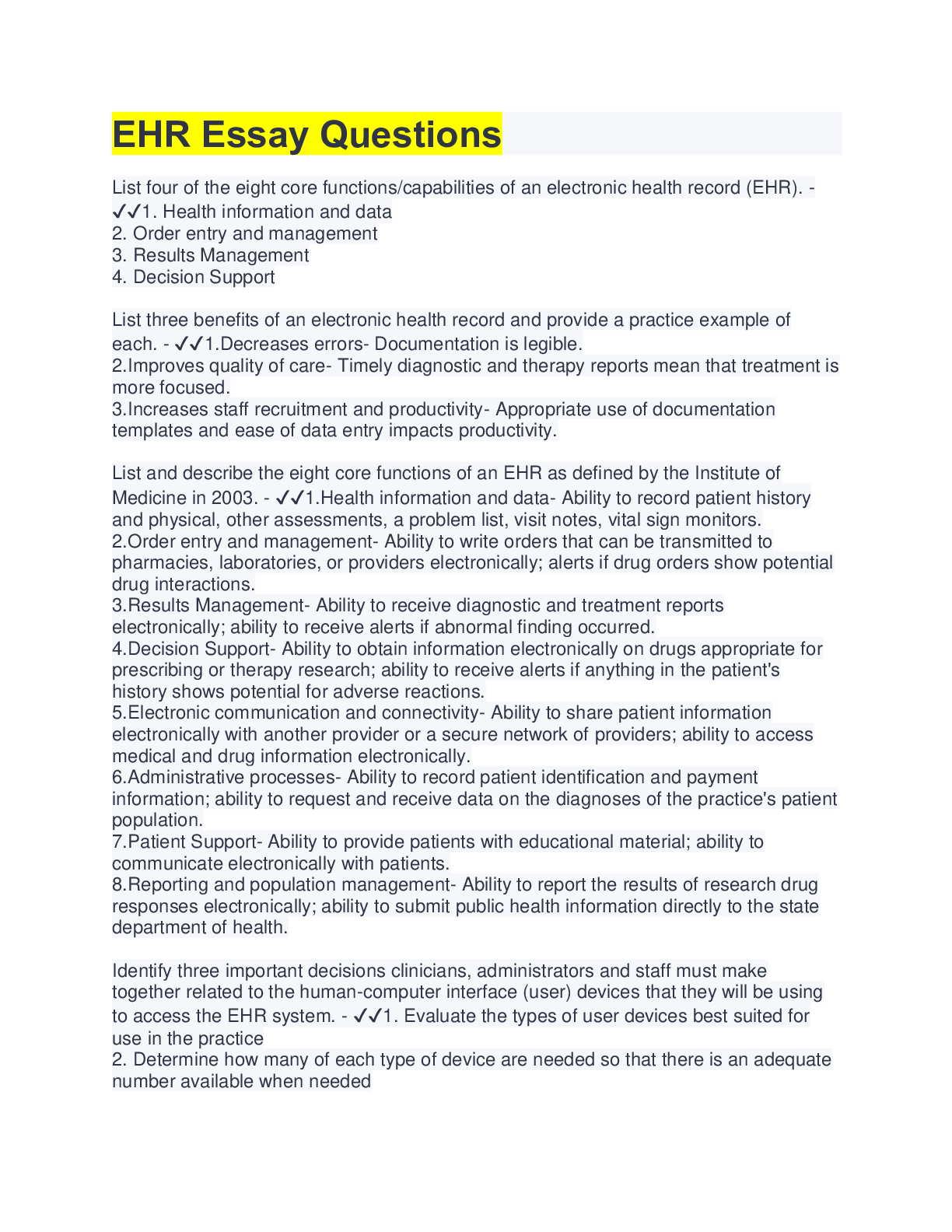 Preview image of EHR Essay Questions | with Complete Solution document